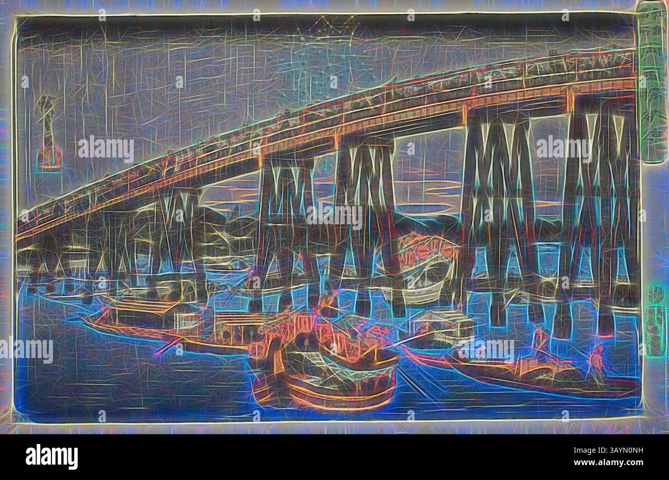 Eine lebendige, künstlerische Interpretation zeigt eine große Brücke, die sich über ein Gewässer erstreckt, mit Booten, die darunter verankert sind. Die Szene ist voller wirbelnder Linien und Farben, die ihr ein abstraktes und dynamisches Gefühl verleihen, als würde die Energie der Umgebung durch das Kunstwerk pulsieren. Abkühlung an der Ryogoku-Brücke (Ryogokubashi noryo), aus der Serie Famous Places in Edo (Koto meisho), ca. 1839/42, Utagawa Hiroshige 歌川 広重, Japanisch, 1797-1858, Japan, Farbholzdruck, oban, 25,1 x 37,8 cm (9 7/8 x 14 7/8 Zoll) Klassische Kunst mit modernem Touch, neu interpretiert von Artotop Stockfoto