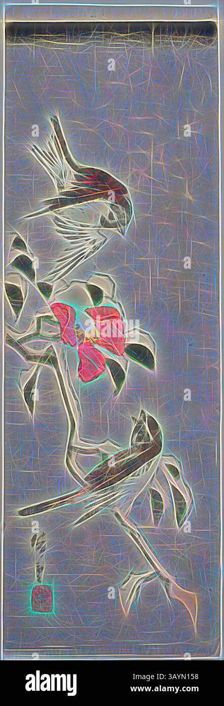 Ein Vogelpaar, das zwischen den Blüten thront, mit aufwändigen Details mit lebhaften Farben, die eine harmonische Mischung aus Natur und künstlerischem Ausdruck vermitteln. Spatzen und Kamelie im Schnee, 1840er Jahre, Utagawa Hiroshige 歌川 広重, Japanisch, 1797-1858, Japan, Farbholzdruck, Aitanzaku, 34,1 x 11,2 cm Klassische Kunst mit modernem Touch, neu interpretiert von Artotop Stockfoto