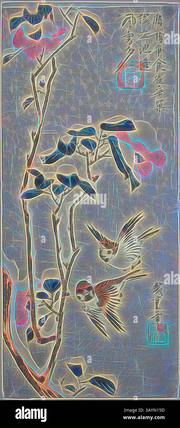 Eine harmonische Mischung aus zarten Blumen und hoch aufragenden Vögeln, verwoben mit eleganter Kalligrafie, erinnert an die Schönheit der Natur und den künstlerischen Ausdruck. Die lebendigen Farben und die komplizierten Details unterstreichen die ruhige Atmosphäre und halten einen Moment der Ruhe und Anmut fest. Spatzen und Kamelie in Schnee, um 1831/33, Utagawa Hiroshige 歌川 広重, Japanisch, 1797–1858, Verlag: Samo-ya Kihei, Japanisch, Verlag: Sano-ya Kihei, Japanisch, Japan, Farbholzdruck, otanzaku, 38,7 x 17 cm Klassische Kunst mit modernem Touch, neu interpretiert von Artotop Stockfoto