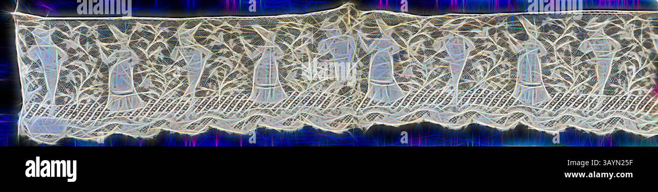 Ein dekoratives Spitzenmuster mit einer Reihe eleganter Motive, durchsetzt mit komplizierten Blumenmustern, die feine Handwerkskunst und komplizierte Details an den Kanten zeigen. Zwei Grenzen, um die 1890er Jahre, Frankreich, wahrscheinlich Calais, Frankreich, Baumwolle, Leinen und Seide, Leavvers Machine Lace, eine Nachahmung einer Spulenspitze, bekannt als „Mechlin Classic Art mit einem modernen Twist, der von Artotop neu entworfen wurde Stockfoto