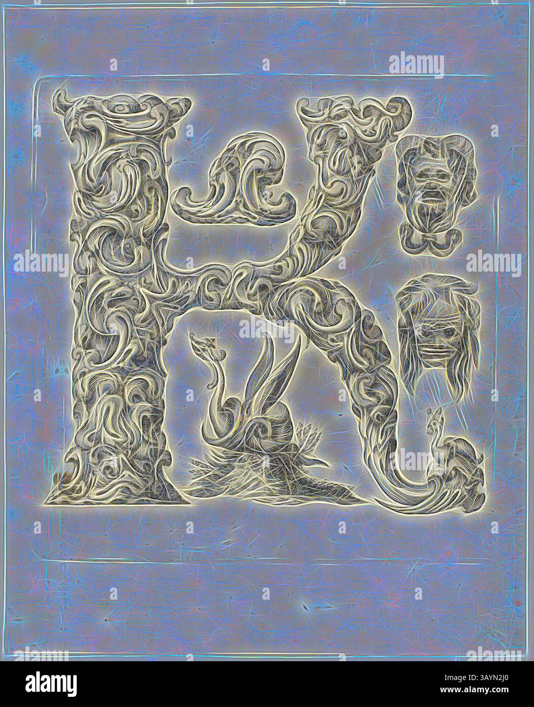 Ein kunstvoller Buchstabe „K“, verziert mit komplizierten Wirbeln und dekorativen Elementen, mit einem Nest mit einem Vogel und einem stilisierten Gesicht. Das Design kombiniert Kunstfertigkeit mit Naturmotiven und schafft eine optisch fesselnde Komposition. Schreiben K, 1630, Peter Aubry, Deutsch, 1596-1668, Deutschland, Gravur auf Papier, 260 x 210 mm Klassische Kunst mit modernem Twist, neu interpretiert von Artotop Stockfoto