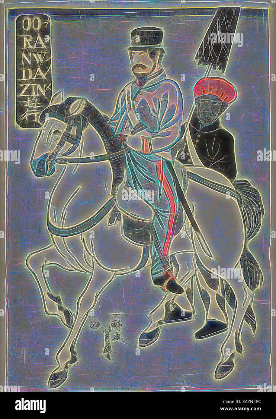 Ein berittener Soldat in Militäruniform reitet selbstbewusst auf einem Pferd, begleitet von einer Figur in traditioneller Kleidung, die einen Hut hält. Die Szene ist mit stilisierten dekorativen Elementen geschmückt, die den historischen Kontext und die kulturelle Bedeutung betonen. Dutchman Strolling (Orandajin yuko), 1861, Utagawa Yoshifuji, Japanisch, 1828–1887, Japan, farbiger Holzschnitt, oban Classic-Kunst mit einem modernen Touch, neu interpretiert von Artotop Stockfoto