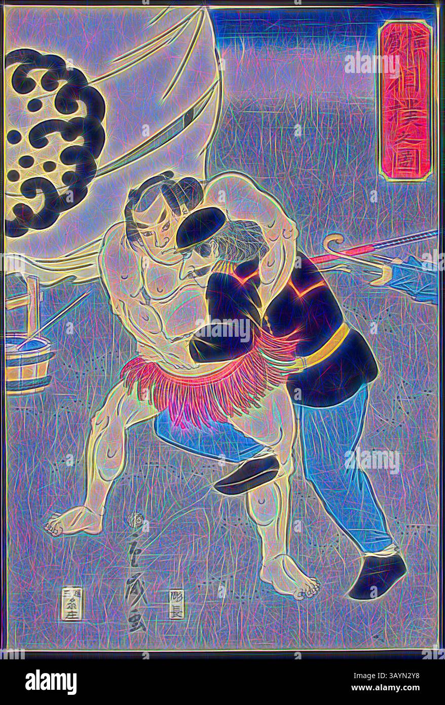 Eine dramatische Szene, in der zwei Wrestler in einem traditionellen Setting dargestellt werden, in der ein Athlet in traditioneller Kleidung mit einem Gegner in Militärkleidung kämpft. Der lebhafte Hintergrund deutet auf kulturelle Elemente hin und unterstreicht die Intensität des Zusammenpralls. Bild eines Sumo Wrestling Matches in Yokohama (Yokohama sumo no zu), 1861, Shigetoshi, Japanisch, aktiv Ende des 19. Jahrhunderts, Japan, Farbholzdruck, oban, 36,3 x 24,4 cm Klassische Kunst mit einem modernen Twist von Artotop Stockfoto