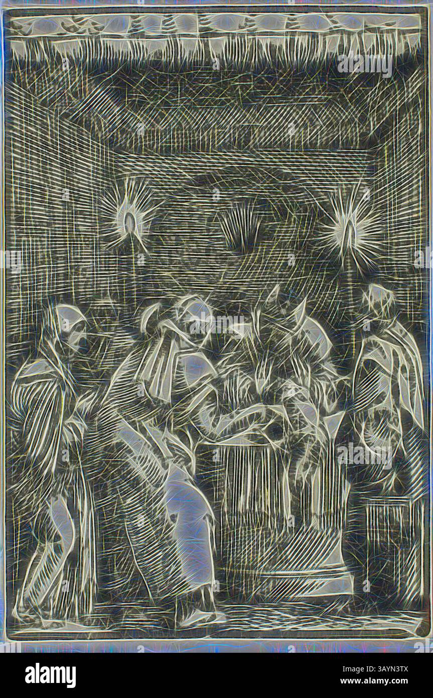 Eine Gruppe von Figuren versammelt sich um ein zentrales Ereignis, ihre Ausdrucksformen sind eine Mischung aus Ehrfurcht und Ehrfurcht. Sie tragen fließende Kleidung, die einen Sinn von historischer oder religiöser Bedeutung verkörpert. Licht kommt von oben, was die dramatische Natur der Szene unterstreicht, während komplizierte Details im Hintergrund eine reich verzierte Umgebung vermuten lassen. Joachims Opferung lehnte ab, ab dem Fall und der Erlösung des Menschen, 1513, Albrecht Altdorfer, um 1480-1538, Deutschland, Holzschnitt in Schwarz auf elfenbeinfarbenem Büttenpapier, 172 x 149 mm (Bild/Block/Blatt) Klassische Kunst mit modernem Twist von Artotop neu interpretiert Stockfoto
