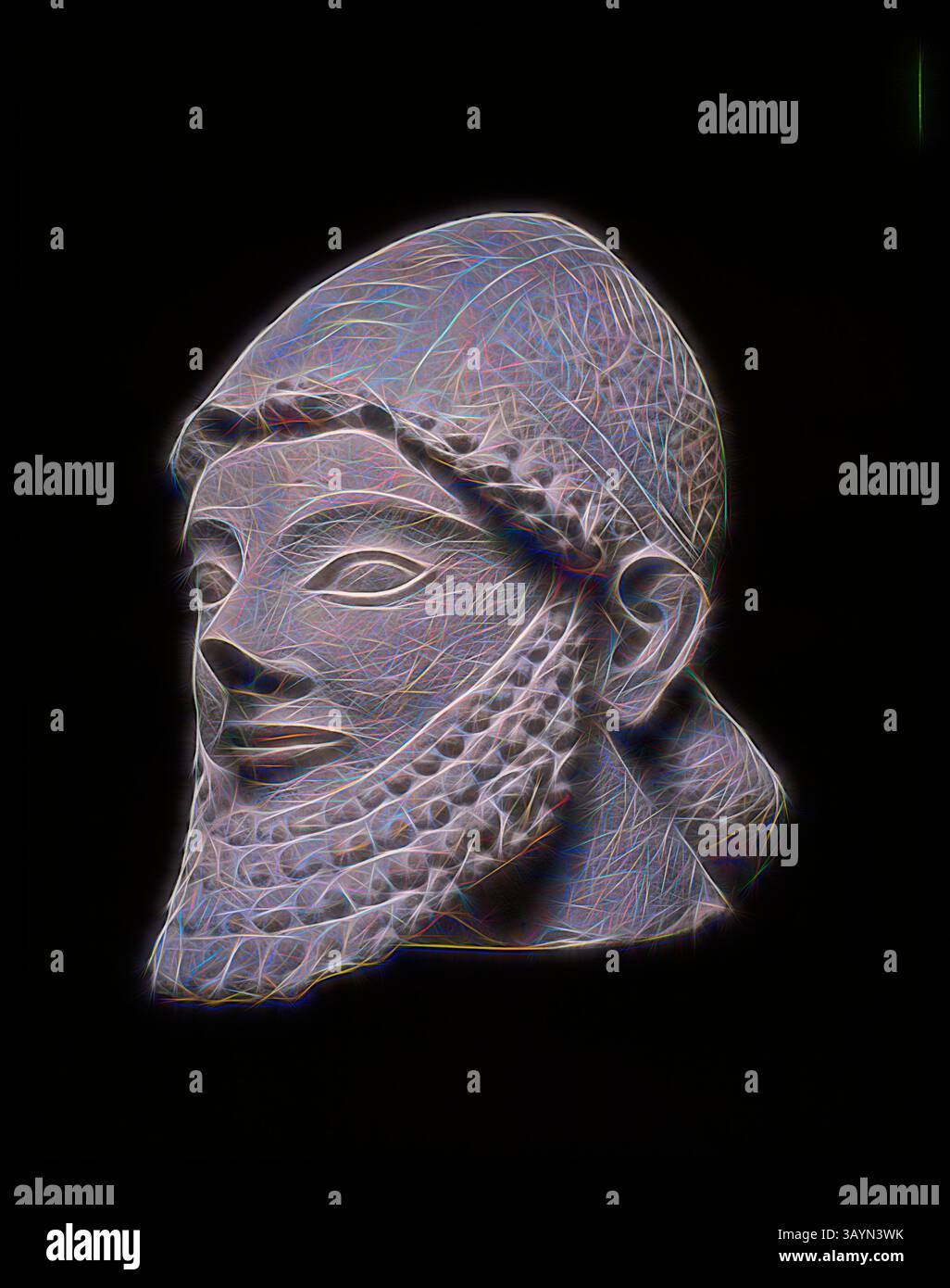 Eine stilisierte Darstellung einer antiken Figur mit komplizierten Kopfbedeckungen und einem detaillierten Bart, die auf einen königlichen oder bedeutenden historischen Charakter hindeuten. Die Konturen und Texturen verstärken ihre künstlerische Form und erwecken ein Gefühl von Zeitlosigkeit und kulturellem Erbe. Kopf eines bärtigen Mannes, 5. Jahrhundert v. Chr., Zyprioten, Zypern, Kalkstein, 29,2 x 20,3 x 26 cm (11 1/2 x 8 x 10 1/4 Zoll) Klassische Kunst mit modernem Touch, neu interpretiert von Artotop Stockfoto