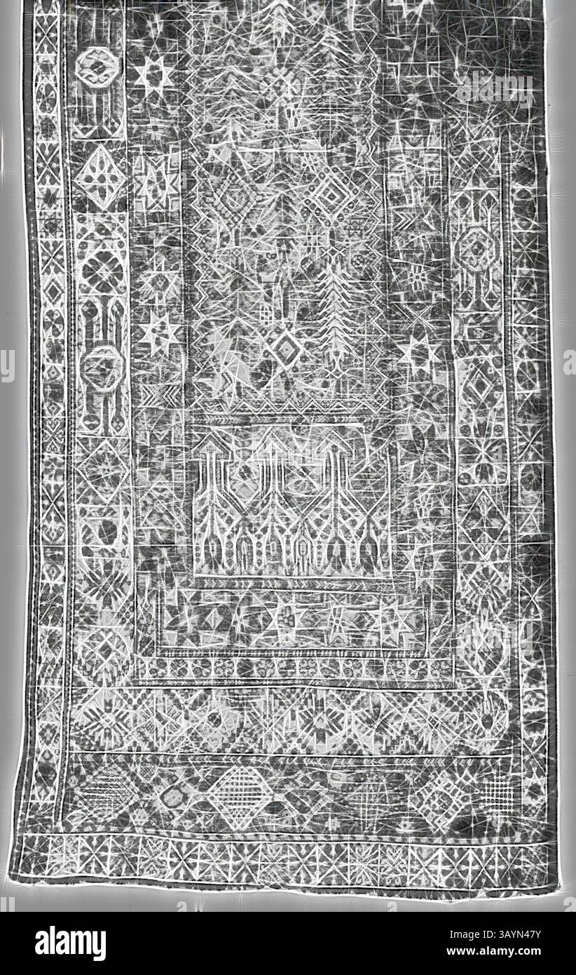 Ein kompliziertes Textil mit einem komplexen Muster aus geometrischen Formen und Motiven, das eine Mischung aus traditionellen Elementen und Handwerkskunst bietet. Das Design enthält verschiedene Symbole und Texturen, die ein optisch fesselndes Stück schaffen. Teppich, 1850/1900, Marokko, Rabat, Marokko, Wolle, Leinwandbindung mit ergänzenden Einsätzen, die durch eine Technik, die als „türkische“ (Ghiordes) Knoten bekannt ist, einen Schnittstapel bilden Klassische Kunst mit einem modernen Twist, der von Artotop neu interpretiert wurde Stockfoto