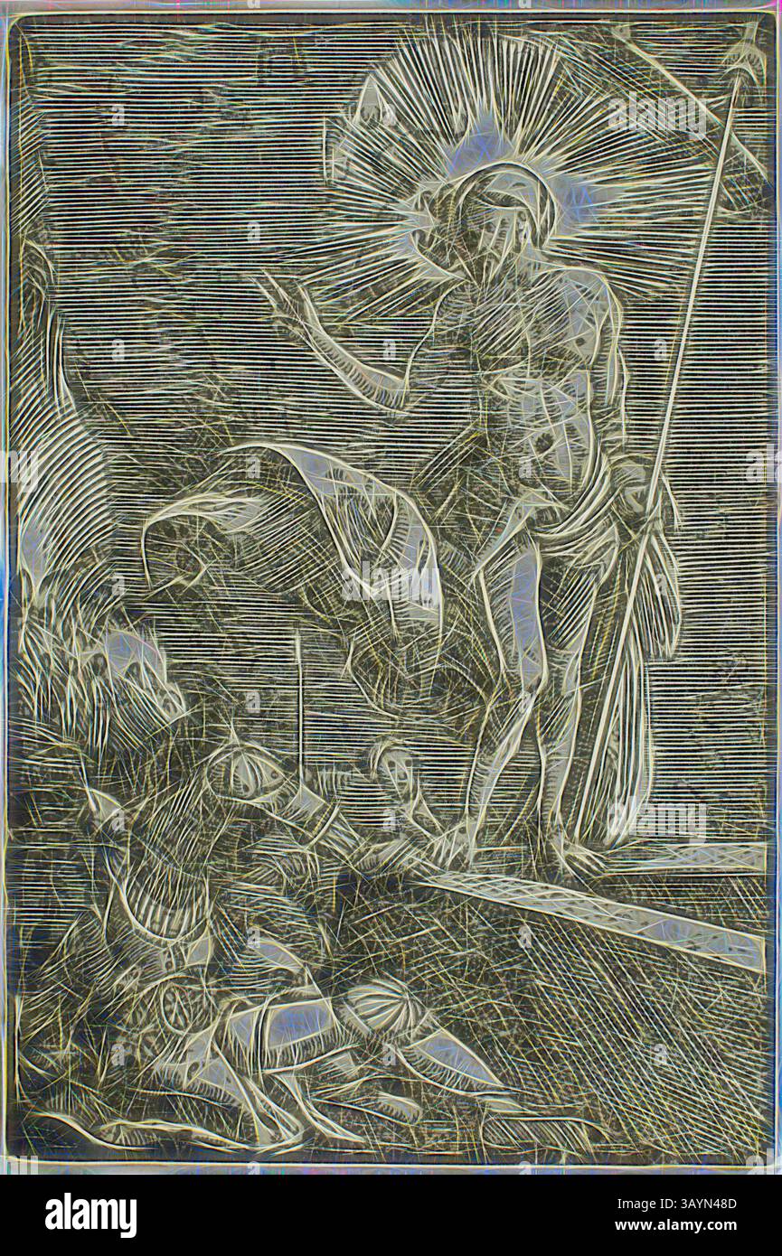 Eine Figur steht hoch, strahlend von Licht und überbringt eine mächtige Botschaft an einen knienden Soldaten, der mit Rüstung verziert ist. Die Szene ist dramatisch und betont Themen der Ehrfurcht und Offenbarung, mit komplizierten Details, die den Kontrast zwischen göttlichem und irdischem hervorheben. Die Auferstehung, aus dem Fall und der Erlösung des Menschen, 1513, Albrecht Altdorfer, um 1480-1538, Deutschland, Holzschnitt in Schwarz auf elfenbeinfarbenem Büttenpapier, 72 x 48 mm (Bild/Block), 73 x 49 mm (Blatt) Klassische Kunst mit modernem Twist von Artotop neu interpretiert Stockfoto