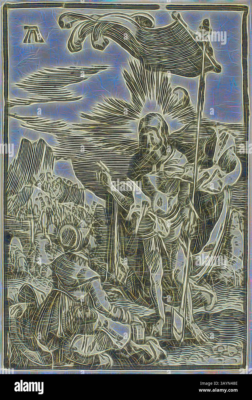 Eine Figur steht triumphierend, hält eine mit einem Symbol verzierte Flagge und interagiert mit einer knienden Person. Der Hintergrund zeigt eine dramatische Landschaft, die von Bergen und einem dynamischen Himmel geprägt ist. Licht strahlt um die zentrale Figur herum und verstärkt das Gefühl von Bedeutung und Kraft in der Szene. Christus erscheint den Magdalen, aus dem Fall und der Erlösung des Menschen, 1513, Albrecht Altdorfer, um 1480-1538, Deutschland, Holzschnitt in Schwarz auf elfenbeinfarbenem Büttenpapier, 71 x 47 mm (Bild/Block), 72 x 49 mm (Blatt) Klassische Kunst mit modernem Twist von Artotop neu interpretiert Stockfoto