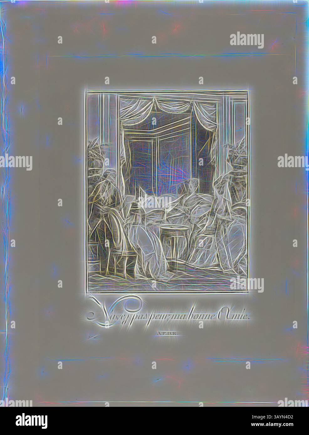 Eine historische Szene, in der Einzelpersonen, die sich ernsthaft mit Diskussionen beschäftigen, umgeben von eleganten Möbeln und Vorhängen, die ein Gefühl von Bedeutung und Gravita wecken. Der subtile Text unten deutet auf ein philosophisches oder literarisches Thema hin. Keine Angst, mein Freund, aus Monument du Costume Physique et Moral de la fin du Dix-huitième siècle, 1776, Isidor-Stanislas Helman (Französisch, 1743-1806 oder 1809), nach Jean Michel Moreau (Französisch, 1741-1814), herausgegeben von Laurent-Francois Prault (Französisch 1712-1780), Frankreich, Gravur auf Papier, 266 x 214 mm (Bild), 408 x 319 mm (Platte), 540 x 409 mm (Blatt Stockfoto