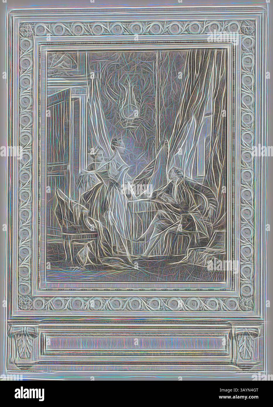 In einer ruhigen Inneneinrichtung unterhalten sich zwei Figuren in ruhiger Atmosphäre, umgeben von eleganten Möbeln und drapierten Stoffen, die einen Moment der Intimität und Reflexion einfangen. Dressing, 1771, Nicolas Ponce (französisch, 1746-1831), nach Pierre Antoine Baudouin (französisch, 1723-1769), Frankreich, Ätzen auf Papier, 245 x 190 mm (Bild), 390 x 276 mm (Blatt) Klassische Kunst mit modernem Twist, neu interpretiert von Artotop Stockfoto