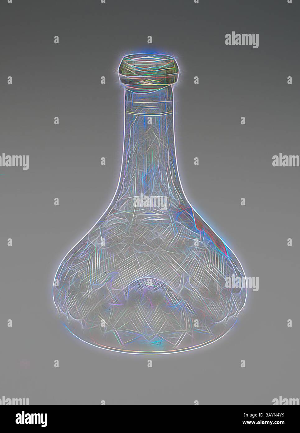 Ein schlanker, eleganter Kolben mit breitem Boden und schmalem Hals mit komplizierten, strukturierten Mustern, die einen schimmernden, ätherischen Effekt erzeugen. Flasche, ca. 1850, Österreich, Österreich, Glas, 14 x 10,5 cm (5 1/2 x 4 1/8 Zoll) Klassische Kunst mit modernem Touch, neu interpretiert von Artotop Stockfoto