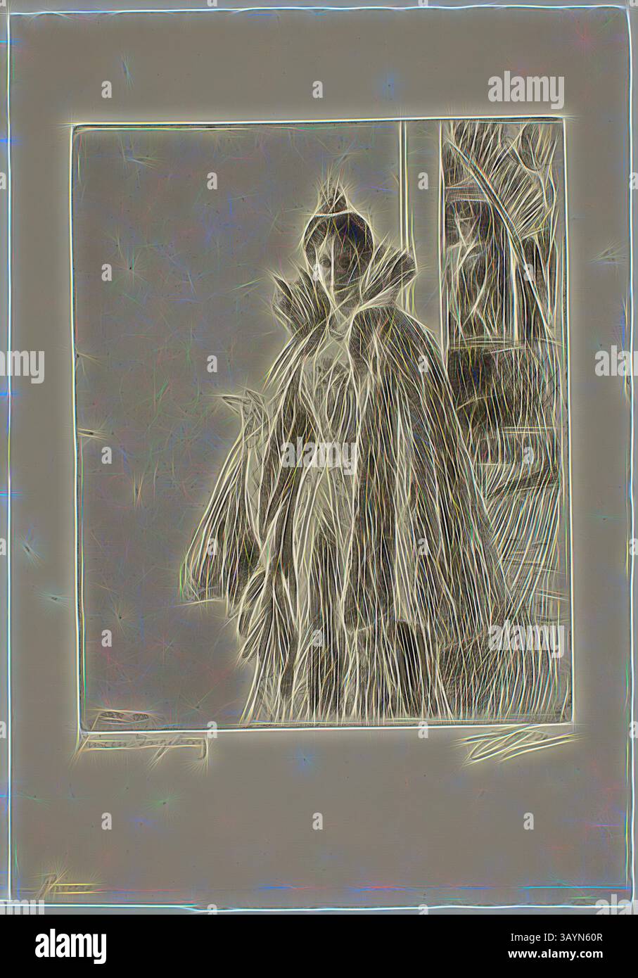 Eine majestätische Figur steht elegant in einem raffinierten Outfit mit einem dramatischen umhang. Die komplizierten Texturen und Muster der Kleidung erwecken ein Gefühl von Pracht, während ein sanftes Leuchten die Silhouette vor einem kontrastierenden Hintergrund umgibt und der Szene eine ätherische Qualität verleiht. H. R. H. Prinzessin Ingeborg von Schweden I, 1900, anders Zorn, Schwedisch, 1860-1920, Schweden, Ätzen auf elfenbeinfarbenem Büttenpapier, 301 x 244 mm (Bild/Platte), 445 x 308 mm (Blatt) Klassische Kunst mit modernem Twist, neu interpretiert von Artotop Stockfoto