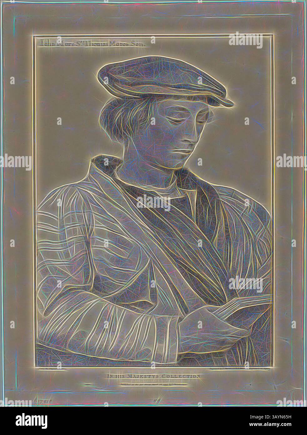 Eine kontemplative Figur in traditioneller Kleidung hält ein Buch, blickt aufmerksam auf seine Seiten und strahlt eine Aura von Nachdenklichkeit und Introspektion aus. John More, 26. März 1795, Francesco Bartolozzi (Italienisch, 1727-1815), nach Hans Holbein dem Jüngeren (Deutsch, 1497-1543), Italien, Stipple-Gravur auf Büffelpapier, 381 x 275 mm (Bild), 431 x 318 mm (Platte), 462 x 346 mm (Blatt) Klassische Kunst mit modernem Twist von Artotop neu interpretiert Stockfoto