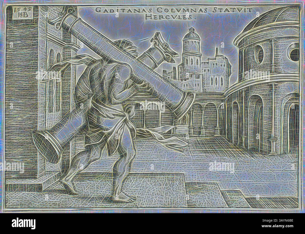 Eine muskulöse Figur trägt eine große Säule auf der Schulter und navigiert durch eine architektonische Umgebung voller Kuppeln und Strukturen. Die Szene deutet auf ein historisches oder mythologisches Thema hin und betont Stärke und Größe. Komplexe Details erwecken die Umgebung zum Leben und schaffen ein dramatisches Zusammenspiel zwischen Figur und Umgebung. Herkules and Columns of Gaza, from the Labors of Herkules, 1545, Sebald Beham, German, 1500-1550, Deutschland, Gravur in Schwarz auf elfenbeinfarbenem Büttenpapier, 48 x 70 mm (Bild/Platte), 49 x 72 mm (Blatt) Klassische Kunst mit modernem Twist von Artotop neu interpretiert Stockfoto
