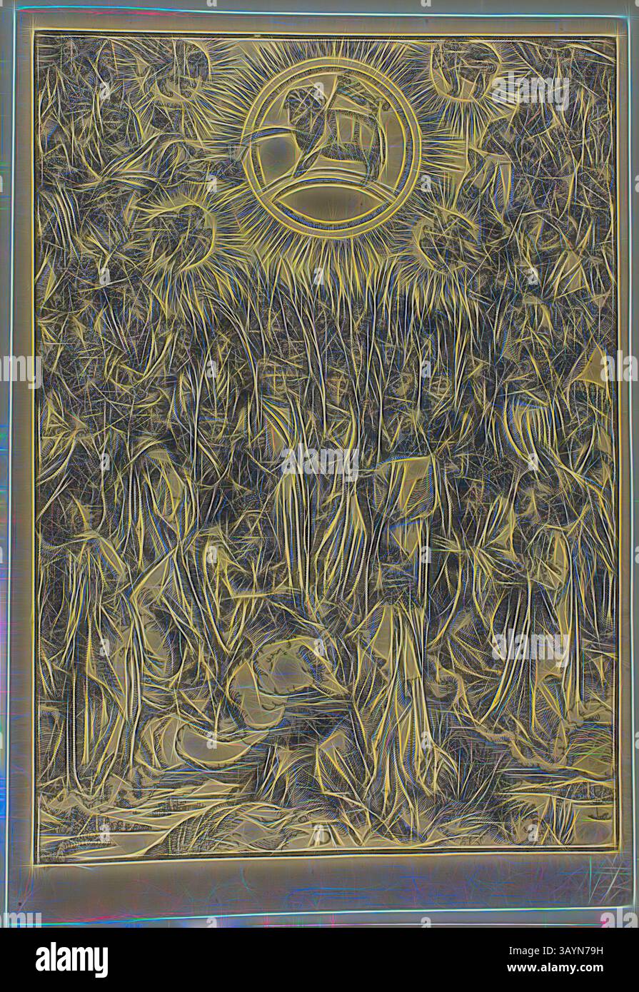 Eine Szene, die eine religiöse Versammlung mit Figuren in fließenden Gewändern darstellt, umgeben von einer üppigen Landschaft. Über ihnen leuchtet ein strahlendes Licht, das eine zentrale Figur beleuchtet. Die Atmosphäre vermittelt ein Gefühl von Ehrfurcht und spiritueller Verbindung zwischen den Anwesenden. Die Anbetung des Lammes, die Hymne der Auserwählten, aus der Apokalypse, um 1496–98, veröffentlicht 1511, Albrecht Dürer, Deutsch, 1471-1528, Deutschland, Holzschnitt in Schwarz auf braunem Büttenpapier, 395 x 282 mm (Bild), 432 x 302 mm (Blatt) Klassische Kunst mit modernem Twist von Artotop neu interpretiert Stockfoto