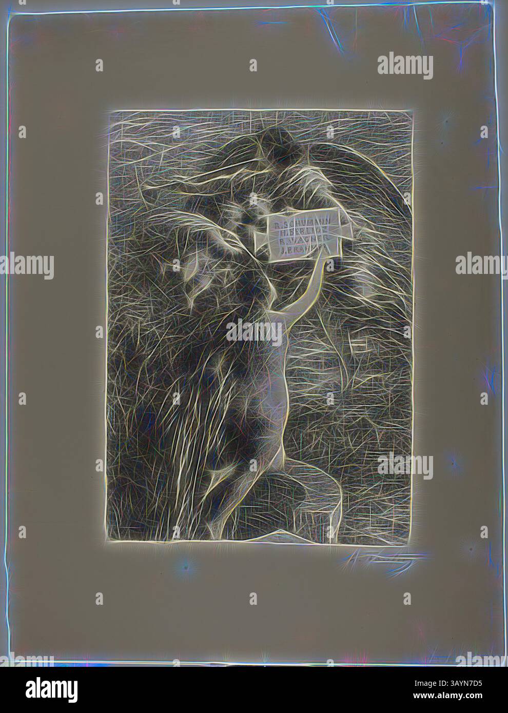 Ein majestätischer Löwe wird in einem stilisierten Format dargestellt und hält ein Schild, das eine Botschaft über die Bedeutung des Artenschutzes und -Schutzes betont. Die ausdrucksstarken Eigenschaften des Löwen vermitteln Stärke und Anmut und lenken die Aufmerksamkeit auf die vitale Ursache, die er darstellt. Frontispiece: Truth, 1885, Henri Fantin-Latour, Französisch, 1836-1904, Frankreich, Lithografie in Schwarz mit Steinabkratzung auf cremefarbenem Büttenpapier, 457 x 322 mm (Bild), 695 x 524 mm (Blatt) Klassische Kunst mit modernem Twist, neu interpretiert von Artotop Stockfoto