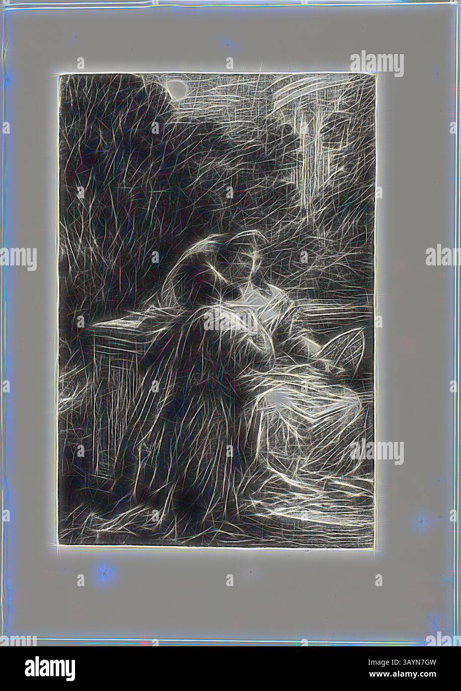 Eine ruhige Szene fängt zwei Figuren ein, die sich in einer ruhigen Konversation befinden, eingerahmt von üppigem Laub und sanftem Licht. Die Atmosphäre vermittelt ein Gefühl von Intimität und Nachsicht. Die Trojaner in Karthago: Akt III, Liebesduett, 1888, Henri Fantin-Latour, Französisch, 1836-1904, Frankreich, Lithografie in Schwarz mit Schabern auf Stein, auf grau-elfenbeinfarbenem Porzellanpapier, gelegt auf elfenbeinfarbenem Webpapier, 229 x 153 mm (Bild), 230 x 156 mm (primäre Stütze), 308 x 219 mm (sekundäre Stütze) Klassische Kunst mit modernem Twist von Artotop neu interpretiert Stockfoto