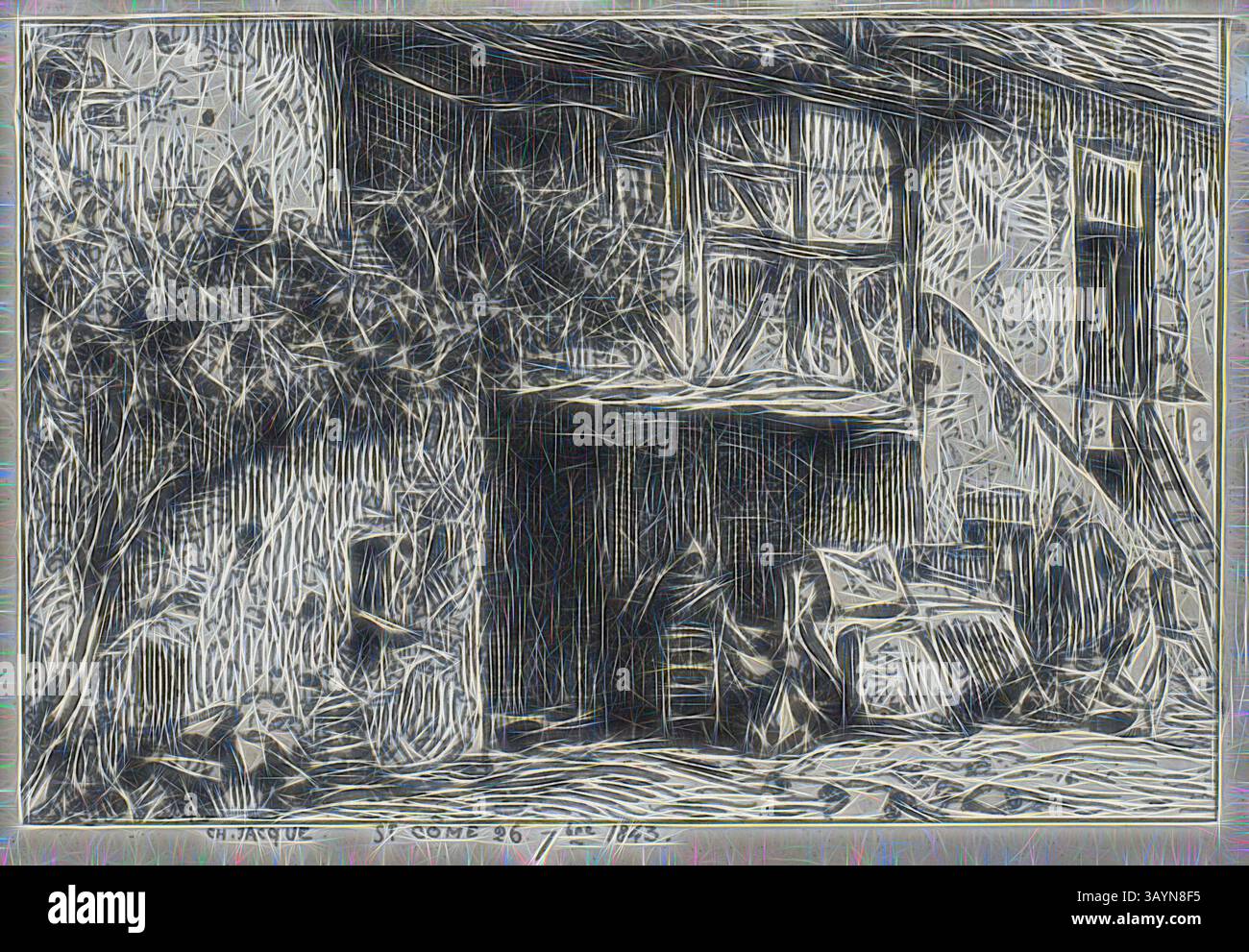 Ein altes, verwittertes Gebäude mit rustikalem Charme, Holzbalken und teilweise offener Tür. Überwachsenes Laub umrahmt die Szene und deutet auf eine einst lebhafte Atmosphäre hin, die heute von Stille und Alter geprägt ist. Laubpflanzen und verstreute Möbel wecken ein Gefühl von Geschichte und Verlassenheit. Treppen vor einem Haus, 1843, Charles Emile Jacque, Französisch, 1813-1894, Frankreich, Ätzen auf Elfenbein-Porzellanpapier gelegt auf Elfenbein-Webpapier, 43 x 70 mm (Bild), 152 x 76 mm (Chine), 201 x 129 mm (Platte), 433 x 311 mm (Blatt) Klassische Kunst mit modernem Twist von Artotop neu interpretiert Stockfoto