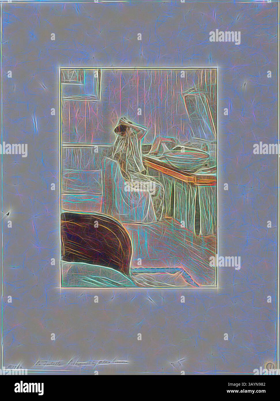 Eine ruhige Szene zeigt eine Figur, die an einem Schreibtisch sitzt und von einer Atmosphäre der Besinnung umgeben ist. Das Licht filtert sanft durch ein Fenster und beleuchtet den Raum mit einem ätherischen Leuchten, während die umgebende Einrichtung eine Mischung aus Ruhe und Kreativität andeutet. La Toilette, 1892–93, Alexandre Lunois, Französisch, 1863–1916, Frankreich, Lithografie in Rose, Hellgrün-Blau und Braun auf grau-elfenbeinfarbenem Porzellanpapier, 226 x 161 mm (Bild), 382 x 284 mm (Blatt) Klassische Kunst mit modernem Touch, neu interpretiert von Artotop Stockfoto