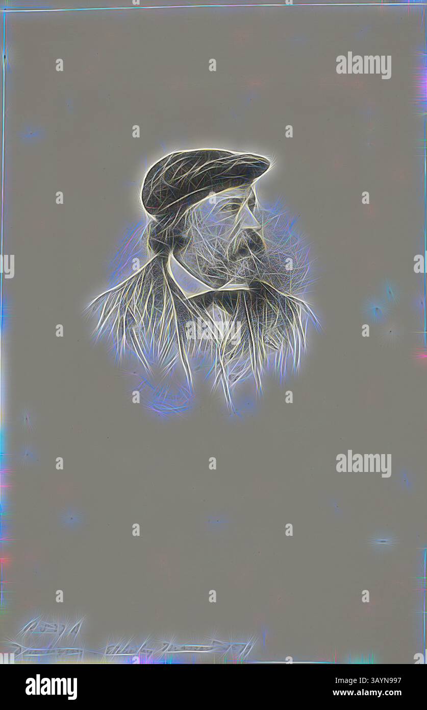 Ein stilisiertes Porträt eines Mannes mit edlem Bart und Mütze, der ein Gefühl von Weisheit und Charakter ausstrahlt. Komplizierte Linien erzeugen eine einzigartige visuelle Textur, die seinem Profil Tiefe verleiht. Porträt von Daubigny, 1879, Léopold Massard, Französisch, 1812-1889, Frankreich, Ätzen auf elfenbeinfarbenem Büttenpapier, 90 x 82 mm (Bild), 160 x 113 mm (Platte), 235 x 153 mm (Blatt) Klassische Kunst mit modernem Twist, neu interpretiert von Artotop Stockfoto