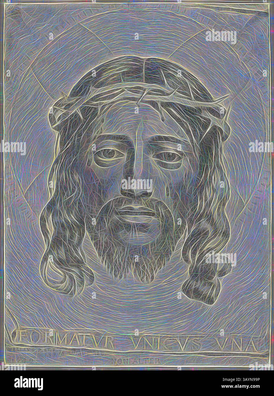 Eine aufwendig gestaltete Darstellung eines ruhigen Gesichts, verziert mit einer Dornenkrone, die ein Gefühl von Ruhe und Mitgefühl ausstrahlt. Das Kunstwerk weist fließende Linien auf, die die spirituelle Präsenz verstärken, eingerahmt von verzierten Schriftzügen am unteren Rand. Das Sudarium von Saint Veronica, 1649, Claude Mellan, Französisch, 1598-1688, Frankreich, Gravur in Schwarz auf poliertem Büttenpapier, 433 x 316 mm (Platte), 436 x 319 mm (Blatt) Klassische Kunst mit einem modernen Twist von Artotop neu interpretiert Stockfoto