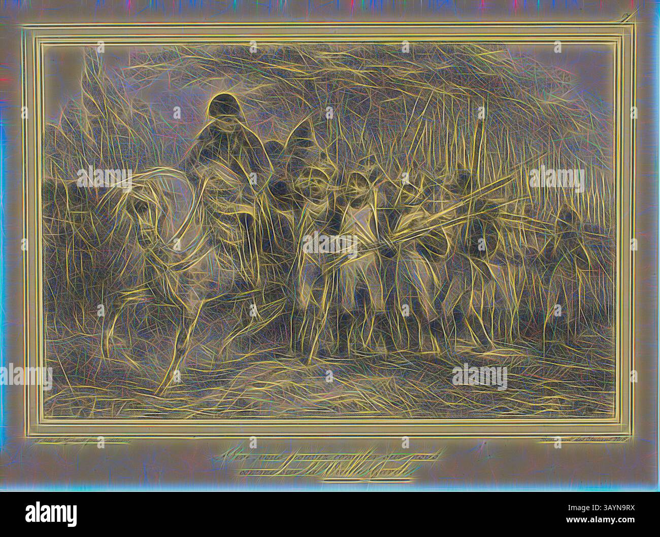 Eine Gruppe bewaffneter und marschierender Soldaten folgt einer kommandierenden Figur zu Pferd durch eine raue Landschaft, die ein Gefühl von Entschlossenheit und Bewegung in einer Atmosphäre der Spannung und Erwartung weckt. Sir, Sie können sich auf uns verlassen wie auf die Alte Garde, 1831, Denis Auguste Marie Raffet (Französisch, 1804-1860), gedruckt von Chez Gihaut Frères (Französisch, 19. Jahrhundert), Frankreich, Lithographie in Schwarz auf braunem Webpapier gelegt auf elfenbeinfarbenem Webpapier, 150 x 229 mm (Bild), 197 x 264 mm (primäre Stütze), 279 x 399 mm (sekundäre Stütze) Klassische Kunst mit moderner Note von Artotop neu interpretiert Stockfoto