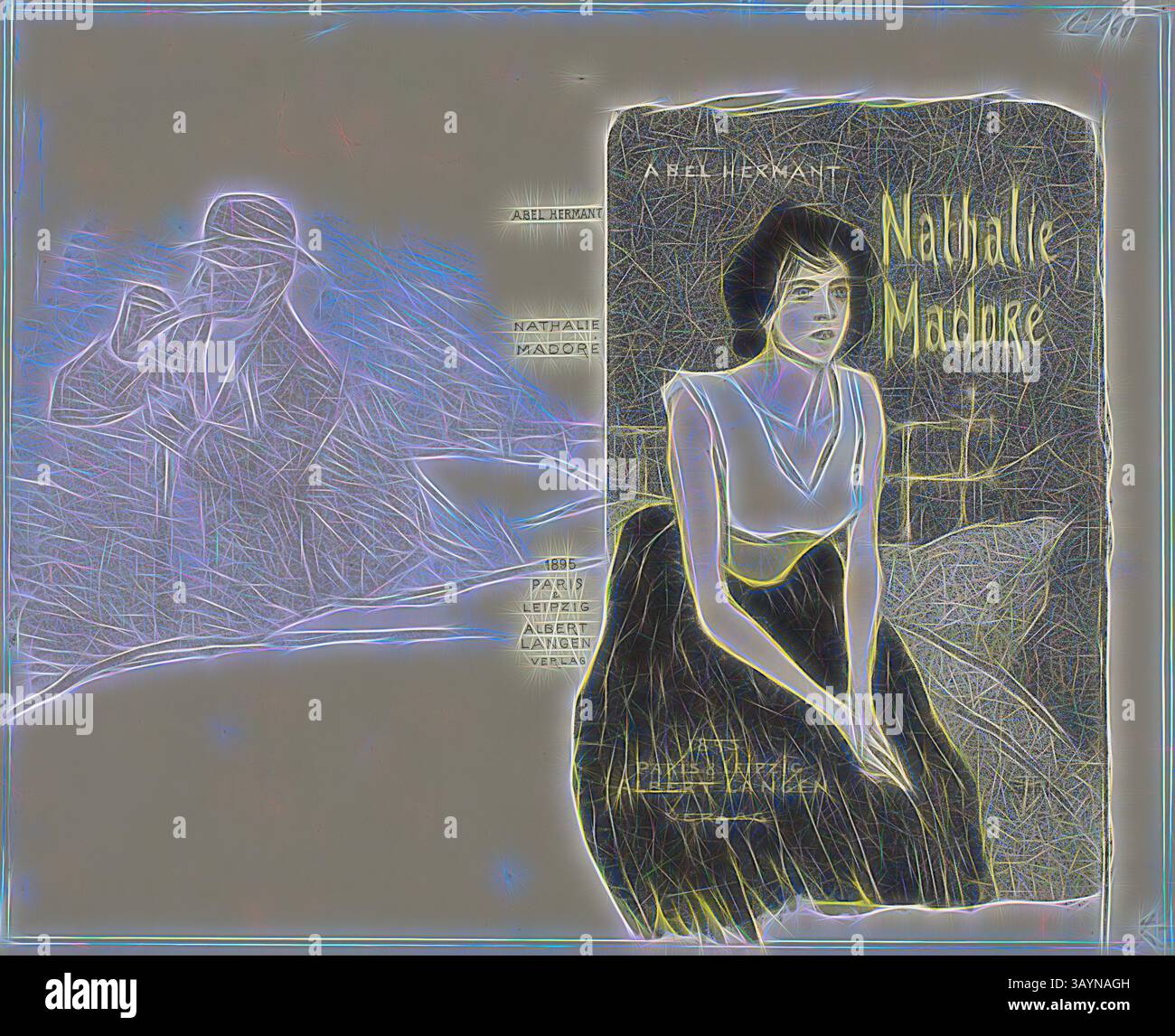 Eine stilvolle Frau mit besinnlichem Ausdruck sitzt in einem Vintage-Outfit und blickt in die Ferne. Neben ihr zeigt ein illustratives Design eine geheimnisvolle Figur, die den Reiz eines literarischen Themas unterstreicht. Der Titel „Nathalie Madore“ ist deutlich zu sehen, was auf eine Verbindung zu Paris und klassisches Geschichtenerzählen hindeutet. Nathalie Madoré, 1895, Théophile-Alexandre Steinlen (Französisch, geboren in der Schweiz, 1859-1923), gedruckt von Eugène Verneau (französisch, d. 1906), herausgegeben von Albert Langen (deutsch, 1869-1909), verfasst von Abel Hermant (französisch, 1862-1950), Frankreich, Lithografie in Oliv, schwarz, fawn und Stockfoto