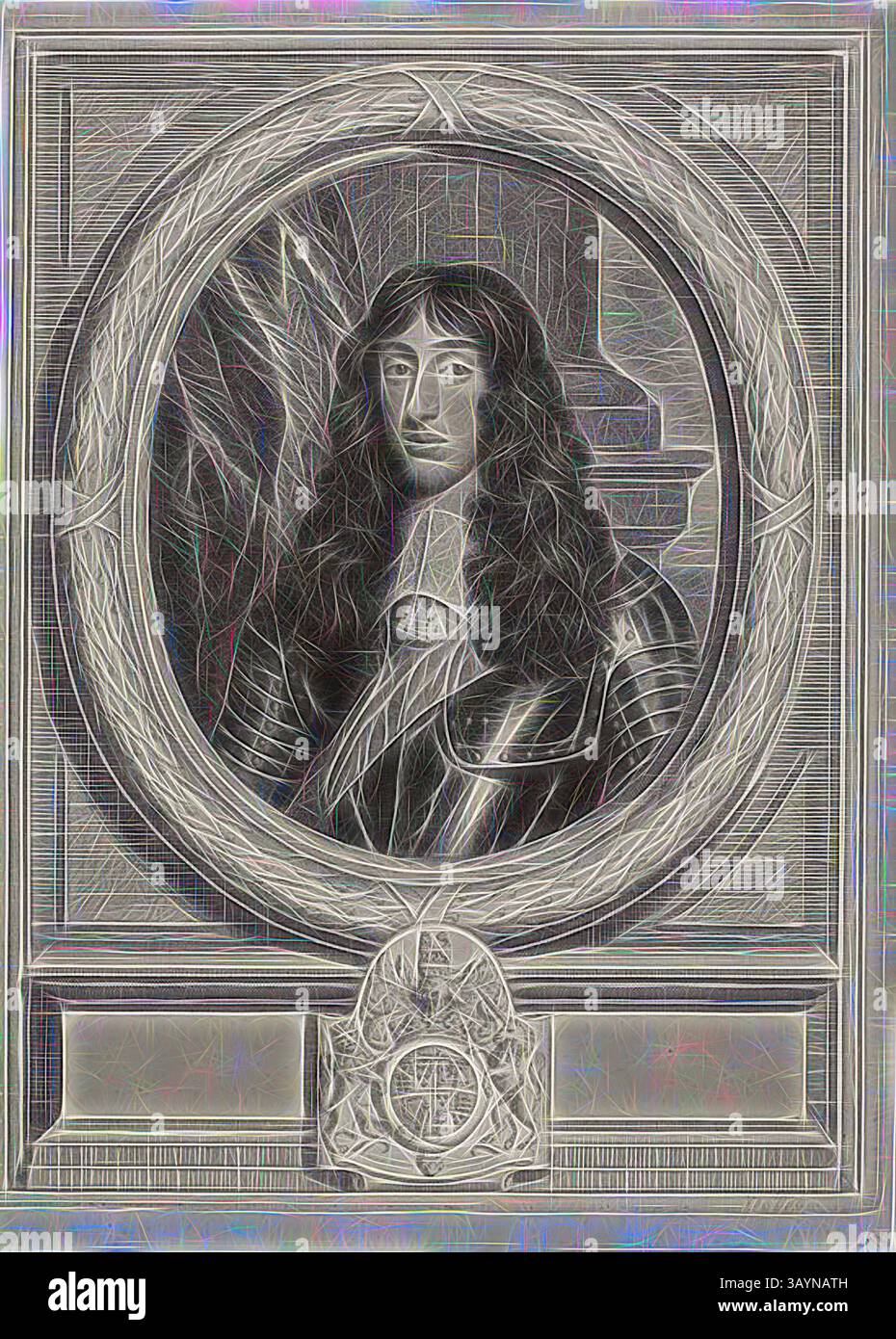 Ein königliches Porträt einer historischen Figur mit langen, fließenden Haaren, gekleidet in aufwendiger Kleidung, verziert mit einem Spitzenkragen und komplizierten Details. Die Komposition verfügt über einen runden Rahmen und ein dekoratives Emblem an der Unterseite, das ein Gefühl von Adel und zeitloser Eleganz ausstrahlt. Der Herzog von Gloucester (Henry Stuart), n.d., Cornelis van Dalen II, Niederländisch, 17. Jahrhundert, Niederlande, Gravur auf elfenbeinfarbenem Büttenpapier, 398 x 288 mm Klassische Kunst mit einem modernen Twist, neu interpretiert von Artotop Stockfoto