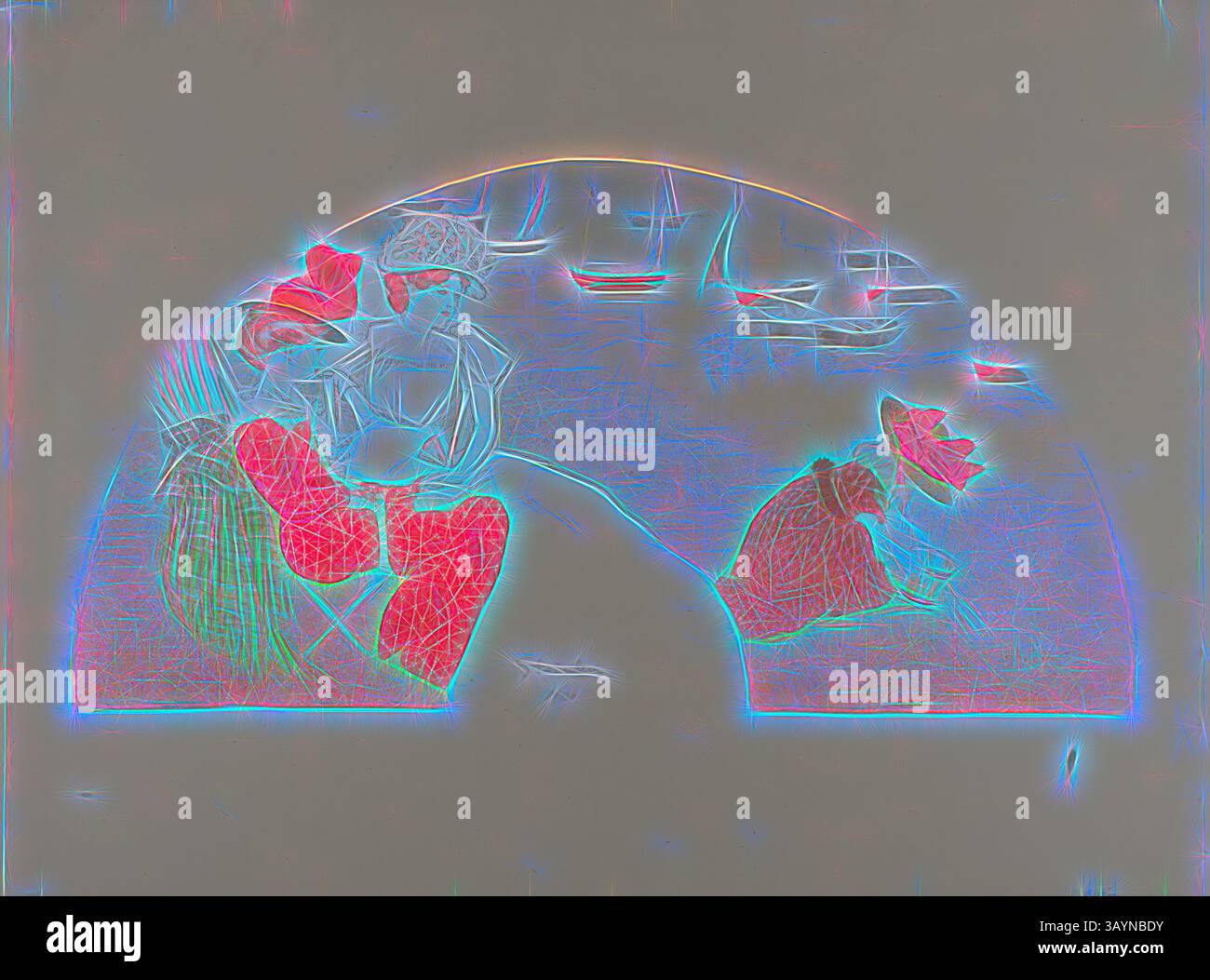 Eine lebendige und abstrakte Blumenkomposition besteht aus einer Mischung aus farbenfrohen Blüten, die mit komplizierten Linien und Mustern verflochten sind und einen optisch eindrucksvollen Kontrast schaffen. On the Beach, 1900, Théophile-Alexandre Steinlen, Franzose, geboren in der Schweiz, 1859-1923, Frankreich, Lithografie in 5 Farben (Gelb Ocker, Braun, Rot, Orange und Blau) auf grau-elfenbeinfarbenem Webchine, 301 x 580 mm (Bild), 506 x 650 mm (Blatt) Klassische Kunst mit einem modernen Twist von Artotop Stockfoto