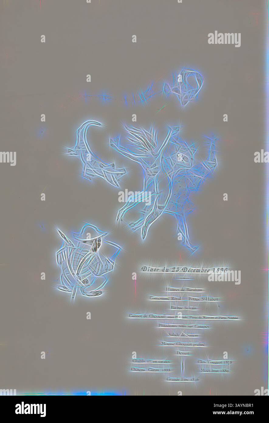 Eine ätherische Darstellung von wirbelnden Figuren, die möglicherweise Bewegung oder Transformation darstellen, begleitet von abstrakten Elementen, die auf eine dynamische Komposition hinweisen. Der Text unten zeigt ein Datum und möglicherweise einen Titel an, was auf eine historische oder kulturelle Bedeutung hindeutet. Le Crocodile, Menü, 1896, Henri de Toulouse-Lautrec, Französisch 1864-1901, Frankreich, Lithografie auf cremefarbenem Webpapier, 323 x 223 mm (Bild), 561 x 382 mm (Blatt) Klassische Kunst mit modernem Twist von Artotop neu interpretiert Stockfoto Eine ätherische Darstellung von wirbelnden Figuren, die möglicherweise Bewegung oder Transformation darstellen, begleitet von abstrakten Elementen, die auf eine dynamische Komposition hinweisen. Der Text unten zeigt ein Datum und möglicherweise einen Titel an, was auf eine historische oder kulturelle Bedeutung hindeutet. Le Crocodile, Menü, 1896, Henri de Toulouse-Lautrec, Französisch 1864-1901, Frankreich, Lithografie auf cremefarbenem Webpapier, 323 x 223 mm (Bild), 561 x 382 mm (Blatt) Klassische Kunst mit modernem Twist von Artotop neu interpretiert Stockfoto