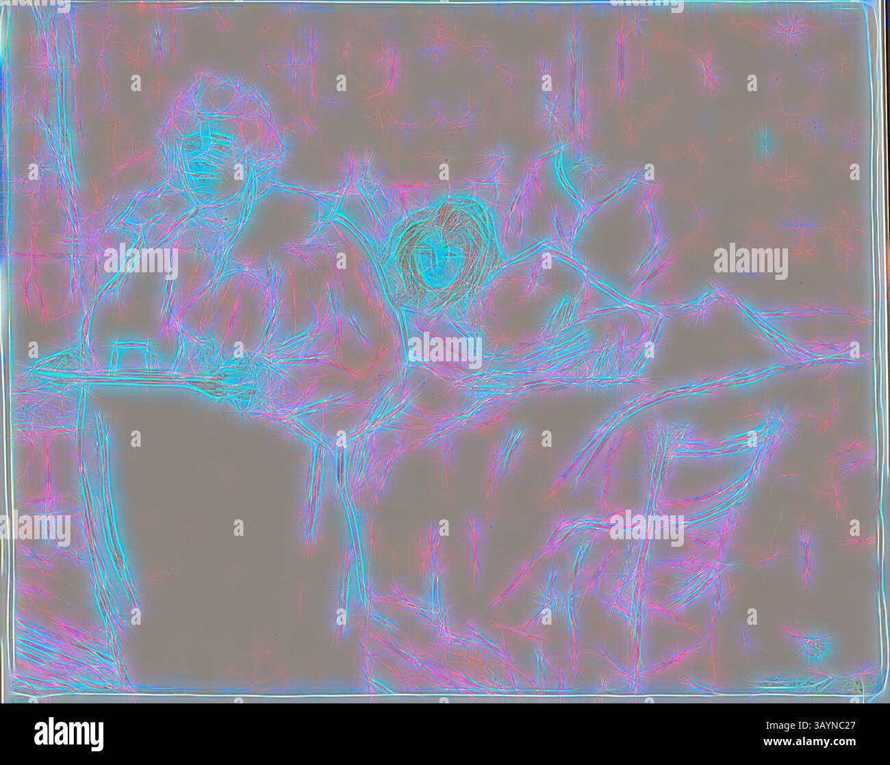 Eine gemütliche Szene mit zwei Personen, von denen einer mit einem Tablett in der Hand sitzt, während die andere bequem zurücklehnt, beide umgeben von weichen Betten und einer ruhigen Atmosphäre. Frau mit einem Tablett – Frühstück (Madame Baron und Mademoiselle Popo), Platte zwei aus Elles, 1896, Henri de Toulouse-Lautrec (Französisch, 1864-1901), herausgegeben von Gustave Pellet (Französisch, 1859-1919), wahrscheinlich gedruckt von Auguste Clot (Französisch, 1858-1936), Frankreich, Farblithographie auf elfenbeinfarbenem gewebtem Papier, 397 x 504 mm (Bild), 402 x 507 mm (Blatt) Klassische Kunst mit einem modernen Artoreist Stockfoto