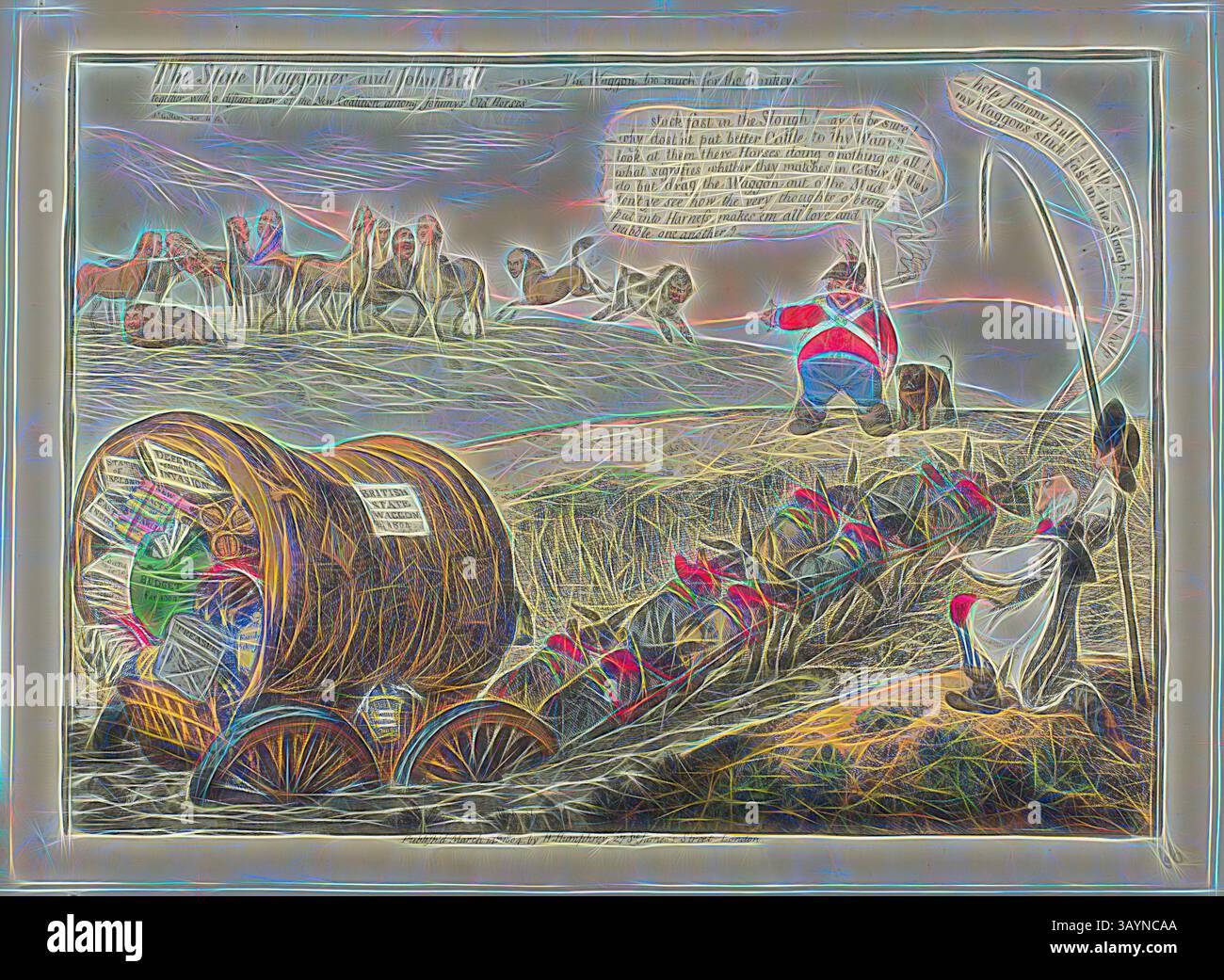 Eine skurrile Szene zeigt eine Gruppe von Charakteren in traditioneller Kleidung, die sich um einen mit Waren gefüllten Wagen versammeln. Eine Figur auf einem Hügel hält ein großes Banner, während andere in einer animierten Diskussion vor einem Hintergrund aus Pferden und sanften Hügeln spielen. Die Atmosphäre ist lebhaft und festlich, was auf eine Feier oder ein Treffen hindeutet. The State Waggoner and John Bull, 1804, James Gillray (britisch, 1756–1815), herausgegeben von Hannah Humphrey (englisch, ca. 1745–1818), England, Etching, mit handgemalter Färbung, auf Papier Klassische Kunst mit modernem Touch, neu interpretiert von Artotop Stockfoto