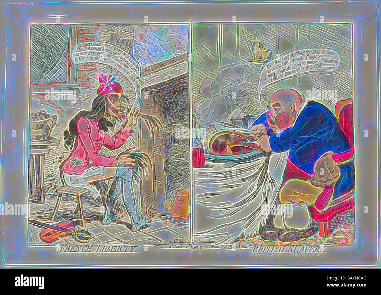Eine Frau, die das Konzept der „Französischen Freiheit“ verkörpert, sitzt elegant, während ein Mann, der die „britische Sklaverei“ repräsentiert, in eine Mahlzeit vertieft zu sein scheint. Beide Figuren stehen in kontrastierenden Szenen, die ihre unterschiedlichen Philosophien widerspiegeln, wobei Sprechblasen auf einen Dialog über Freiheit und Unterdrückung hindeuten. Die Stile und Elemente erinnern an einen historischen Kommentar zu sozialen Themen. French Liberty, British Slavery, veröffentlicht am 21. Dezember 1792, James Gillray (englisch, englisch, englisch) 1756–1815), herausgegeben von Hannah Humphrey (englisch, ca. 1745–1818), England, Ätzen in dunkelbraun, mit handkolorierter Färbung, auf cremefarbenem Papier Stockfoto