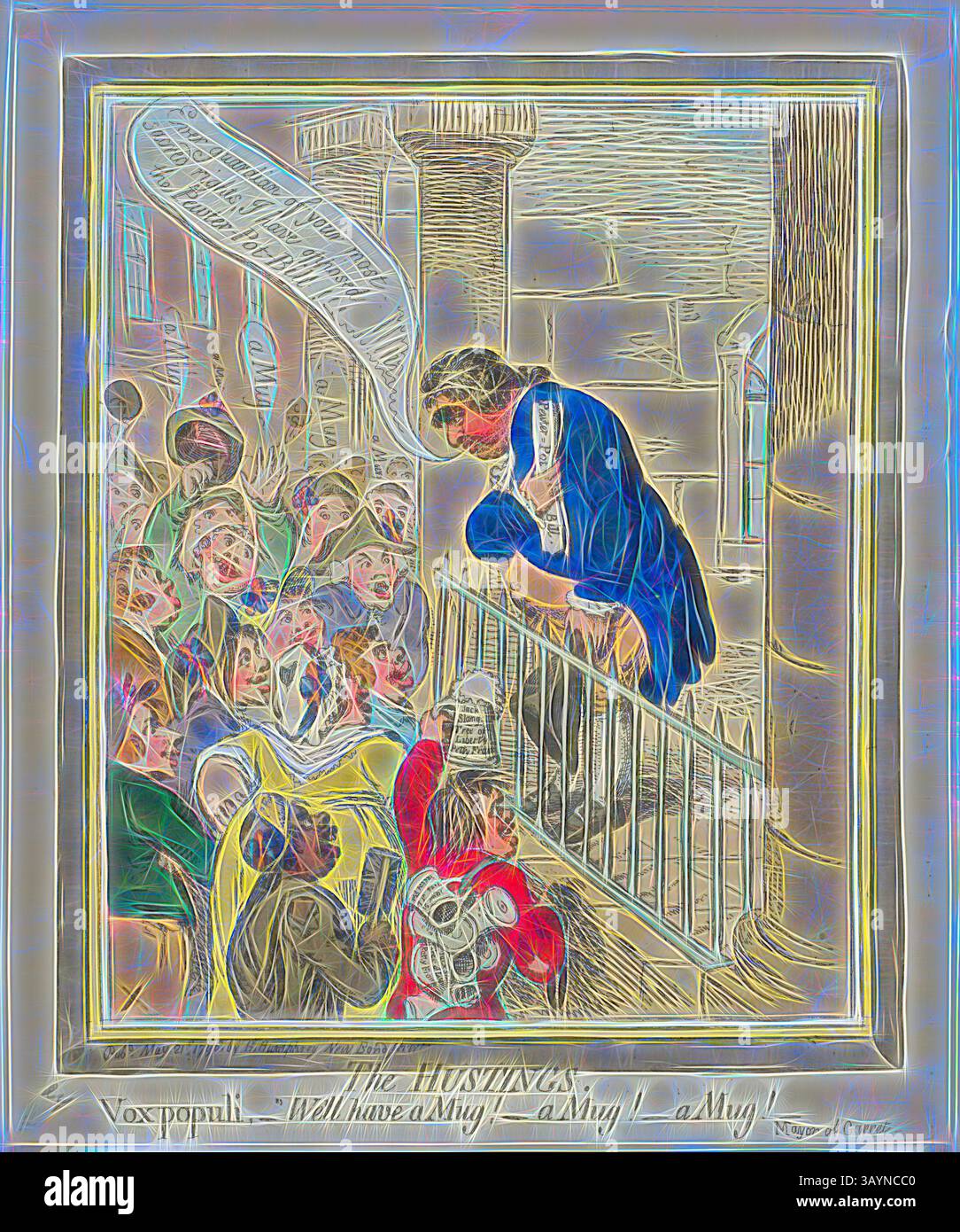 Eine Menge versammelt sich energisch, mit Begeisterung und Eifer, während eine Figur auf einer Plattform steht und das Publikum anspricht. Die Szene vermittelt ein Gefühl der Vorfreude und des Engagements, wobei verschiedene Personen ihre Emotionen und Reaktionen als Reaktion auf den Sprecher zum Ausdruck bringen. Die Umgebung legt nahe, dass eine Veranstaltung mit Schwerpunkt auf öffentlichem Diskurs und Teilnahme stattfindet. The Hustings, veröffentlicht am 21. Mai 1796, James Gillray (Englisch, 1756–1815), herausgegeben von Hannah Humphrey (Englisch, ca. 1745-1818), England, Ätzen in Dunkelbraun, mit Handmalerei, auf cremegewebtem Papier, 310 x 249 mm (Bild Stockfoto