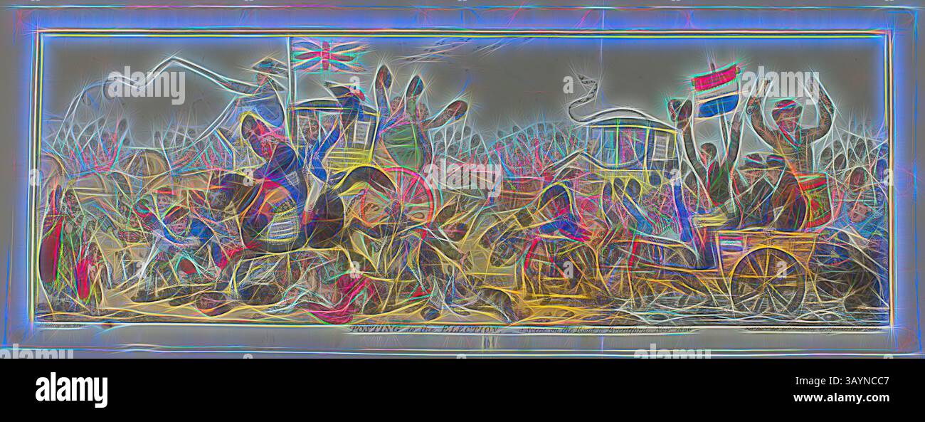 Eine lebendige Szene, die eine chaotische Schlacht mit Soldaten auf dem Pferd und in Kutschen, zwischen winkenden Fahnen und einer energiegeladenen Menschenmenge darstellt. Die Atmosphäre vermittelt ein Gefühl von Dringlichkeit und Bewegung und fängt die Intensität des Augenblicks ein. Posting to the Election, veröffentlicht am 1. Dezember 1806, James Gillray (Englisch, 1756–1815), herausgegeben von Hannah Humphrey (Englisch, ca. 1745-1818), England, handkolorierte Ätzung auf Papier, 210 x 610 mm (Bild), 220 x 620 mm (Platte), 243 x 650 mm (Blatt) Klassische Kunst mit modernem Twist, neu interpretiert von Artotop Stockfoto