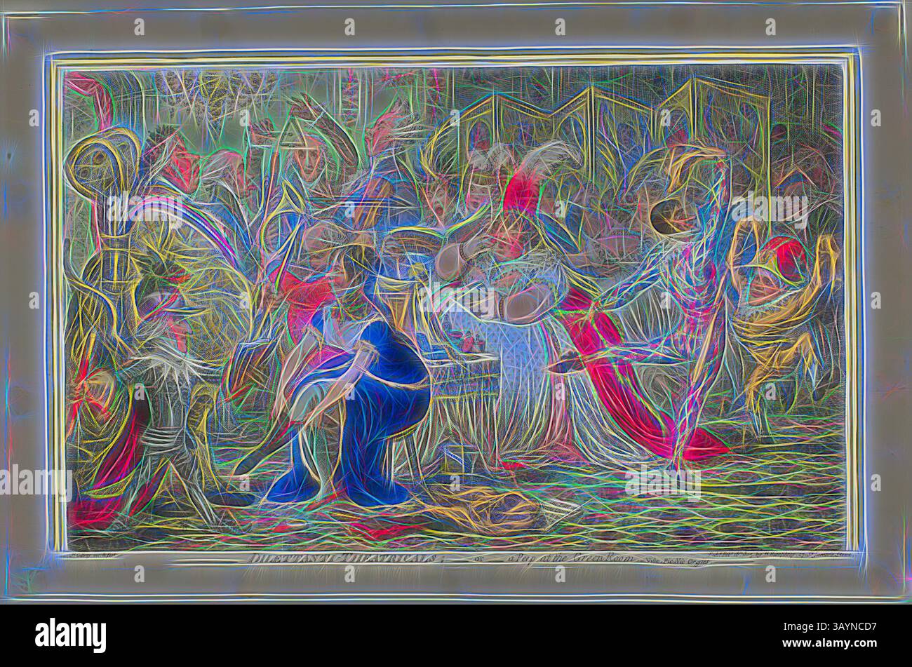 Eine lebendige Szene voller Tänzer in raffinierten Kostümen, die dynamische Bewegungen und Ausdrucksformen zeigen. Der Hintergrund ist mit komplizierten Mustern und Mustern verziert, die die lebhafte Atmosphäre des Feierns und der Kunst noch verstärken. Dilettanti-Theatricals, veröffentlicht am 18. Februar 1803, James Gillray (Englisch, 1756–1815), herausgegeben von Hannah Humphrey (Englisch, ca. 1745-1818), England, handkolorierte Ätzung und Aquatint auf Papier, 300 x 485 mm (Bild), 315 x 492 mm (Platte), 355 x 540 mm (Blatt) Klassische Kunst mit modernem Twist, neu interpretiert von Artotop Stockfoto