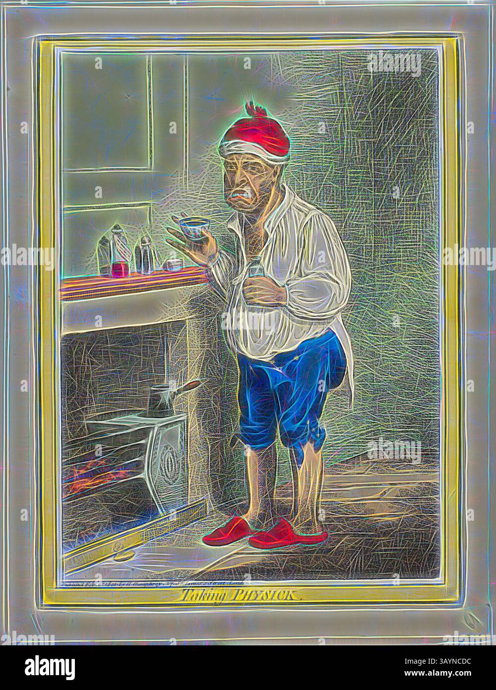 Eine Figur in traditionellem Outfit steht nachdenklich, hält eine kleine Schüssel und blickt in die Ferne, während sie von verschiedenen Gegenständen auf einem Tisch und einem Herd im Hintergrund umgeben ist. Die Szene vermittelt ein Gefühl von Neugier und Nachsicht. Taking Physick, veröffentlicht am 6. Februar 1800, James Gillray (Englisch, 1756–1815), herausgegeben von Hannah Humphrey (Englisch, ca. 1745-1818), England, handkolorierte Ätzung auf Papier, 260 x 199 mm (Platte), 288 x 222 mm (Blatt) Klassische Kunst mit einem modernen Twist, neu interpretiert von Artotop Stockfoto