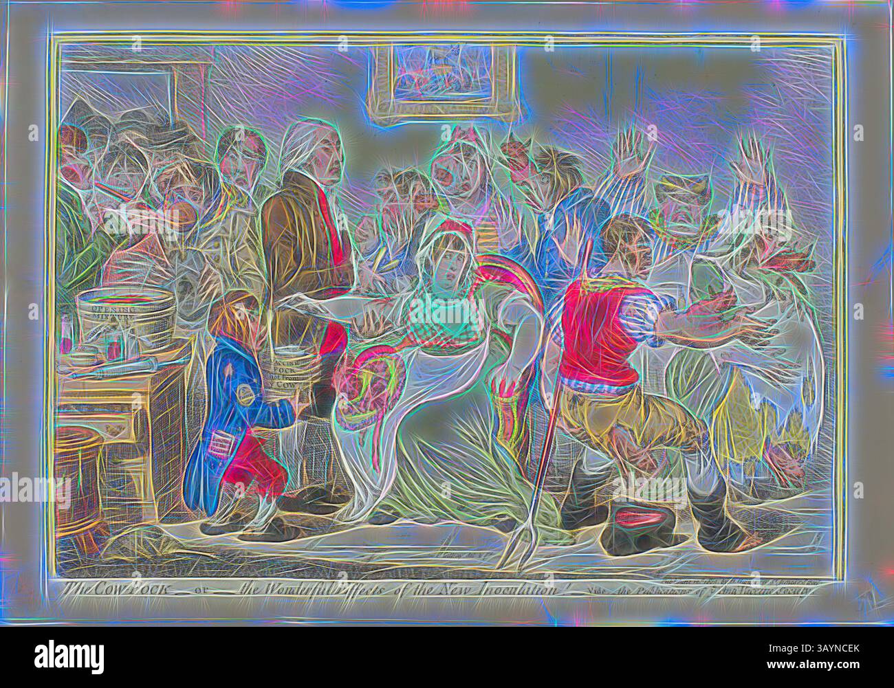 Eine lebhafte Szene fängt eine Feier ein, bei der verschiedene Charaktere fröhlich tanzen und fröhlich sind. Die pulsierende Energie erfüllt den Raum, während die Darsteller ihre Talente unter Beweis stellen, während die Zuschauer in der festlichen Atmosphäre schwelgen. Traditionelle Kleidung und ausdrucksstarke Gesten unterstreichen die kulturelle Bedeutung dieses Treffens. The Cow-Pock- or- the Wonderful Effects of the New Innoculation!, 12. Juni 1802, James Gillray (englisch, 1756-1815), herausgegeben von Hannah Humphrey (Englisch, ca. 1745-1818), England, Ätzen mit Handmalerei auf cremefarbenem Webpapier, 234 x 338 mm (Bild), 252 x 347 mm (Platte), 270 Stockfoto