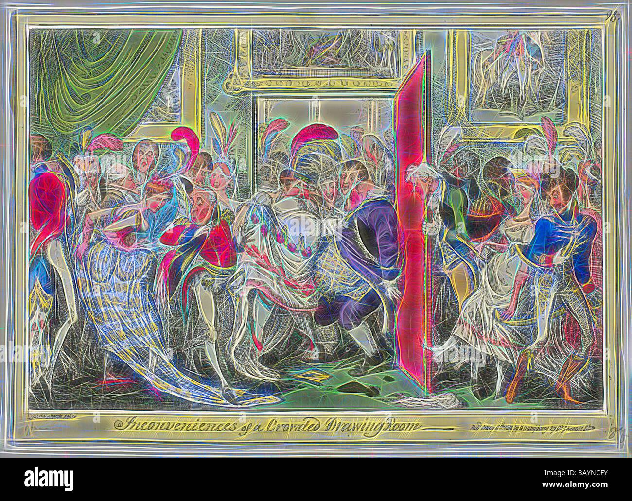 Eine geschäftige Szene fängt einen chaotischen Moment in einem eleganten Salon ein, in dem Gäste in üppiger Kleidung lebhafte Gespräche und lebhafte Mätzchen mit lebhaften Farben und dynamischen Ausdrücken führen. Die Atmosphäre ist lebhaft und zeigt die Komplexität der sozialen Interaktion und die humorvolle Seite der hochgesellschaftlichen Zusammenkünfte. Inconvienences of a Crowded Drawing Room, veröffentlicht am 6. Mai 1818, George Cruikshank (Englisch, 1792-1878), herausgegeben von George Humphrey (Englisch, ca. 1773-1831), England, handkolorierte Ätzung auf Papier, 247 x 345 mm (Bild), 252 x 353 mm (Platte), 257 x 357 mm (Blatt) Stockfoto