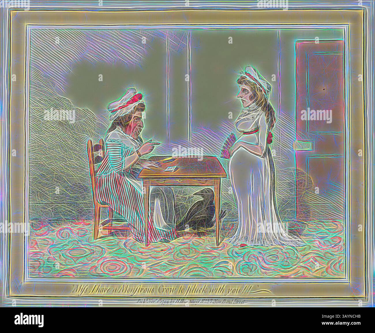 Zwei elegant gekleidete Frauen unterhalten sich an einem Tisch, eine sitzend und die andere stehend, mit einer Kulisse, die die Atmosphäre der Neugier und Intrigen verstärkt. Die sitzende Frau scheint mit Lesen oder Schreiben beschäftigt zu sein, während die stehende Dame, die mit einem fließenden Kleid geschmückt ist, aufmerksam zusieht und einen Moment gemeinsamer Geheimnisse oder Vertraulichkeiten vorschlägt. Miss, I have a Monstrous Crow to Pupck with You!!, veröffentlicht am 1. November 1794, James Gillray (englisch, 1756-1815), herausgegeben von Hannah Humphrey (englisch, ca. 1745-1818), England, Ätzen in Dunkelbraun, mit Handmalerei, auf cremegewebtem Papier, 233 x 290 mm Stockfoto