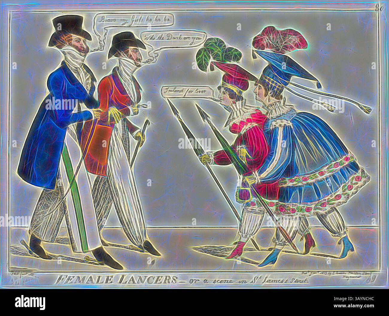 Eine skurrile Szene, in der elegant gekleidete Figuren in historischer Kleidung einen lebendigen Tanz zeigen. Die Einzelpersonen tragen ausgeklügelte Kostüme mit gewölbten Hüten und auffälligen Farben, die eine Mischung aus Mode und Freude zeigen, während sie an einem temperamentvollen gesellschaftlichen Ereignis teilnehmen. Weibliche Lancers oder Eine Szene in der St. James’s Street, veröffentlicht im Januar 1819, Isaac Robert Cruikshank (Englisch, 1789-1856), herausgegeben von E. Brooks (Englisch, 1830-1817), England, handgefärbte Ätzung auf Papier, 221 x 314 mm (Bild), 240 x 325 mm (Blatt geschnitten innerhalb der Plattenmarke) Klassische Kunst mit einem modernen Twist, neu interpretiert von Artotop Stockfoto