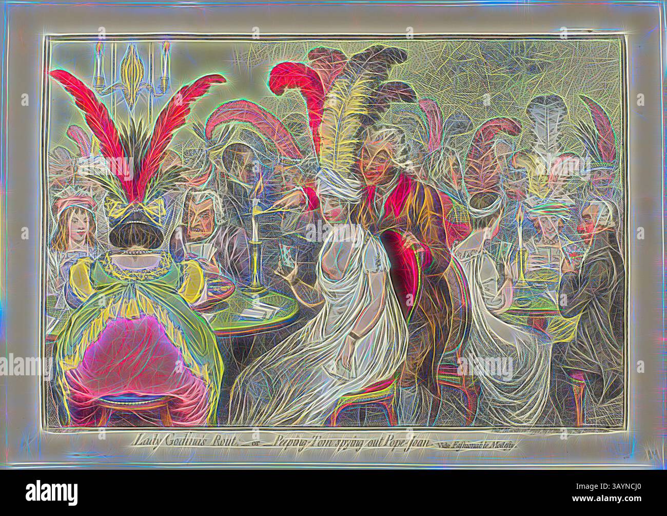 Ein lebhaftes Treffen in einem großen Ballsaal mit elegant gekleideten Einzelpersonen, die mit extravaganten Federkopfstücken verziert sind. Das Ambiente ist voller Freude und Feiern, während die Gäste in einer wunderschön eingerichteten Umgebung Gespräche führen und sich erholen. Lady Godina’s Rout, – oder – Peeping Tom Spiying Out Pope Joan, veröffentlicht am 12. März 1796, James Gillray (Englisch, 1756–1815), herausgegeben von Hannah Humphrey (Englisch, ca. 1745-1818), England, Ätzen in Dunkelbraun, mit Handmalerei, auf cremefarbenem Webpapier, 242 x 357 mm (Bild), 260 x 361 mm (Platte), 282 x 400 mm (Blatt) Klassische Kunst mit moderner Kunst Stockfoto