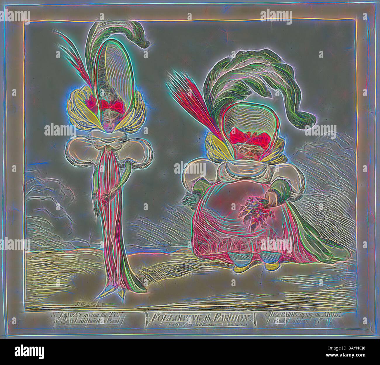 Zwei skurrile Figuren in extravaganten Kostümen stehen nebeneinander. Eine Figur hat einen hohen, aufwendigen Kopfschmuck mit leuchtenden Federn, während die andere eine rundere Silhouette mit einem fließenden Kleid und einer dekorativen Schleife hat. Beide Figuren versprühen ein Gefühl verspielter Eleganz, die ein einzigartiges Gefühl von Mode und Kunstfertigkeit einfangen. Following the Fashion, veröffentlicht am 9. Dezember 1794, James Gillray (Englisch, 1756–1815), herausgegeben von Hannah Humphrey (Englisch, ca. 1745-1818), England, handkolorierte Ätzung auf Papier, 305 x 340 mm (Bild), 325 x 370 mm (Platte), 350 x 385 mm (Blatt) Klassische Kunst mit Stockfoto