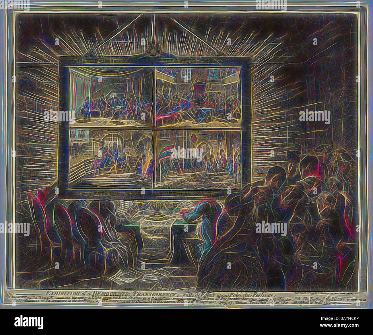 Eine geschäftige Ausstellungsszene entfaltet sich und zeigt ein lebhaftes Treffen mit zahlreichen Persönlichkeiten, die sich mit Gesprächen und Aktivitäten beschäftigen. Im Mittelpunkt der Komposition stehen vier große Fenster, von denen jedes einen Einblick in verschiedene Bereiche der Veranstaltung bietet, die mit Teilnehmern und lebhaften Interaktionen gefüllt sind. Die Atmosphäre ist voller Begeisterung und Neugier und fängt das Wesen kollektiven Engagements und gemeinsamen Erfahrungen ein. Ausstellung einer demokratischen Transparenz, mit Wirkung auf patriotische Gefühle, veröffentlicht am 15. April 1799, James Gillray (Englisch, 1756-1815), veröffentlicht von Hannah Humphrey (Englisch, c Stockfoto