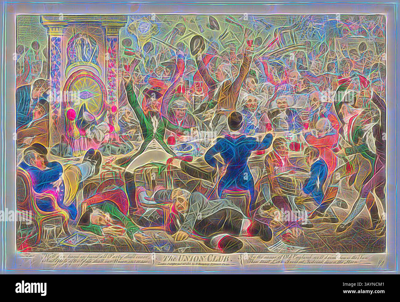 Ein lebhaftes Treffen in einem Club, bei dem lebhafte Diskussionen und ausgelassene Gesten die Szene füllen. Die Tische sind überfüllt und die Papiere sind verstreut, während sich die einzelnen Personen leidenschaftlich unterhalten und eine dynamische Atmosphäre des Chaos und der Kameradschaft schaffen. The Union Club, veröffentlicht am 21. Januar 1801, James Gillray (Englisch, 1756–1815), herausgegeben von Hannah Humphrey (Englisch, ca. 1745-1818), England, handkolorierte Ätzung auf Papier, 283 x 440 mm (Bild), 304 x 445 mm (Platte), 318 x 464 mm (Blatt) Klassische Kunst mit modernem Twist, neu interpretiert von Artotop Stockfoto