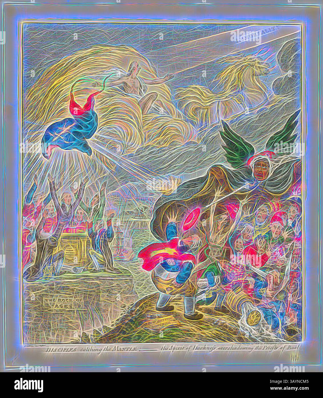 Eine dynamische Szene zeigt eine Gruppe von Figuren, die an einem dramatischen, historischen Ereignis beteiligt sind, mit wirbelnden Wolken und lebendigen Farben, die Bewegung und Intensität suggerieren. Im Zentrum der Komposition steht eine Frau, die Freiheit symbolisiert, umgeben von verschiedenen Charakteren, die jeweils Ausdruck von Entschlossenheit und Hoffnung zeigen. Der Hintergrund zeigt eine Mischung aus fantastischen Elementen, die ein Gefühl der Größe und des Kampfes vermitteln. Disciples Catching the Mantle, veröffentlicht am 25. Juni 1808, James Gillray (Englisch, 1756–1815), herausgegeben von Hannah Humphrey (englisch, ca. 1745–1818), England, handkolorierte Ätzung auf Papier, 380 Stockfoto
