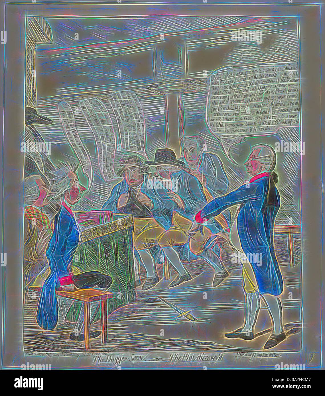 Eine Gruppe historischer Persönlichkeiten führt an einem Tisch lebhafte Gespräche und zeigt einen Moment der Zusammenarbeit oder Diskussion. Die Szene fängt die Kleidung und Ausdrucksformen der Ära ein und hebt ihre animierten Interaktionen und die Bedeutung des Dialogs in dieser Zeit hervor. The Dolch Scene, veröffentlicht am 30. Dezember 1792, James Gillray (Englisch, 1756–1815), herausgegeben von Hannah Humphrey (Englisch, ca. 1745-1818), England, handkolorierte Ätzung auf Papier, 350 x 288 mm (Bild), 370 x 300 mm (Platte), 380 x 330 mm (Blatt) Klassische Kunst mit modernem Twist, neu interpretiert von Artotop Stockfoto