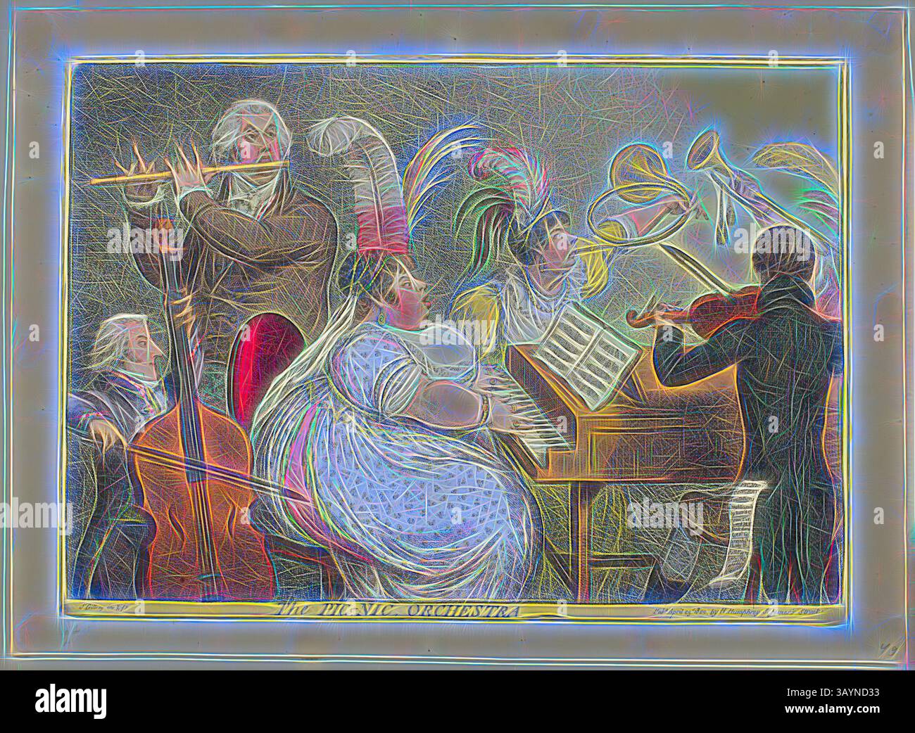 Ein lebhaftes Treffen bietet eine vielfältige Gruppe von Musikern, darunter Flötisten, Cellist und Geiger, umgeben von lebhaften Kostümen und dynamischen Ausdrucksformen, die sich alle um einen Flügel drehen. Die Atmosphäre ist festlich und unterstreicht die Freude an Musik und Zweisamkeit. The PIC-NIC Orchestra, veröffentlicht am 23. April 1802, James Gillray (Englisch, 1756–1815), herausgegeben von Hannah Humphrey (Englisch, ca. 1745-1818), England, handkolorierte Ätzung auf Papier, 250 x 355 mm (Bild/Platte), 292 x 404 mm (Blatt) Klassische Kunst mit einem modernen Twist, neu interpretiert von Artotop Stockfoto