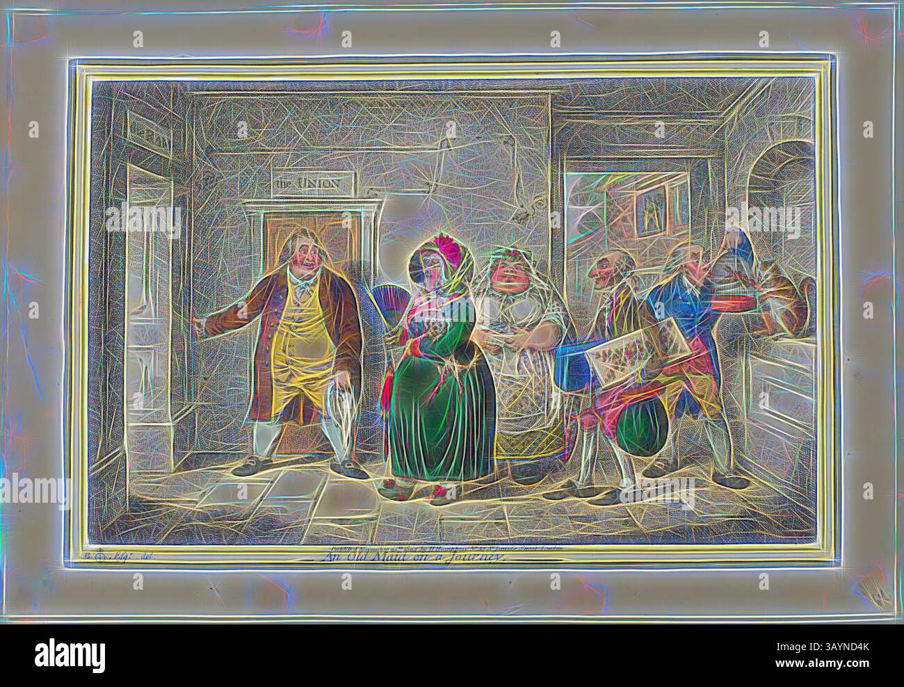 Eine lebendige Gruppe historischer Persönlichkeiten führt zu lebhaften Gesprächen und zeigt eine Mischung aus Ausdrücken und Kleidung aus ihrer Zeit, mit einem Eingang mit der Aufschrift „The Union“ im Hintergrund. Die Szene fängt einen Moment der sozialen Interaktion ein und spiegelt die Dynamik der dargestellten Periode wider. An Old Maid on a Journey, veröffentlicht am 20. November 1804, James Gillray (Englisch, 1756–1815), nach Brownlow North (Englisch, 1778-1829), herausgegeben von Hannah Humphrey (Englisch, ca. 1745-1818), England, handkolorierte Ätzung auf Papier, 245 x 373 mm (Bild), 251 x 380 mm (Platte), 300 x 435 mm (Blatt) Klassische Kunst mit A Stockfoto