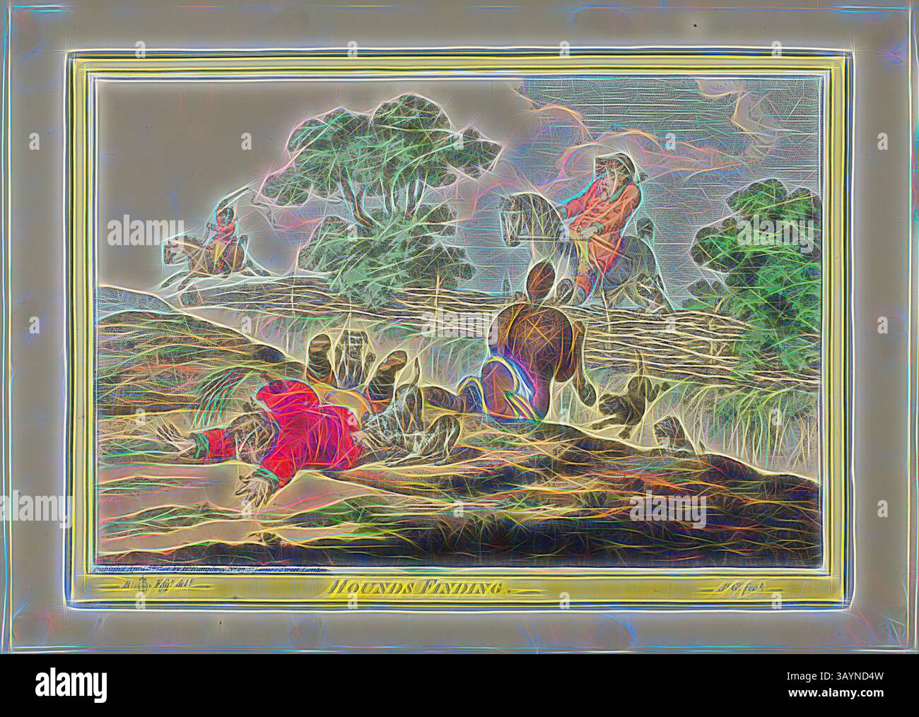 Eine dramatische Szene, in der eine Gruppe von Figuren in einer pastoralen Umgebung dargestellt wird; eine Figur liegt auf dem Boden, während andere in einem angespannten Moment verwickelt zu sein scheinen, möglicherweise mit einem Pferd. Die umliegende Landschaft mit Bäumen und sanften Hügeln verleiht der Komposition Tiefe. Hounds Finding, veröffentlicht am 8. April 1800, James Gillray (Englisch, 1756–1815), nach Brownlow North (Englisch, 1778-1829), England, handkolorierte Ätzung auf Papier, 245 x 345 mm (Bild), 250 x 350 mm (Platte), 285 x 400 mm (Blatt) Klassische Kunst mit einem modernen Twist, neu interpretiert von Artotop Stockfoto